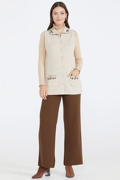 Sementa Beige Women's Pocketed Buttoned Knitwear Vest