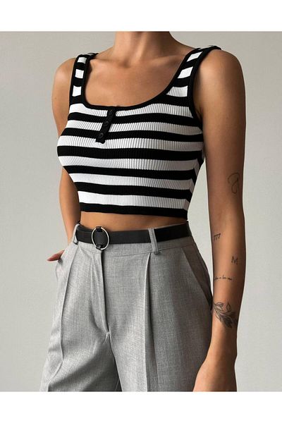 Laluvia Μαύρο-εκρού με κουμπιά Crop Tank Top
