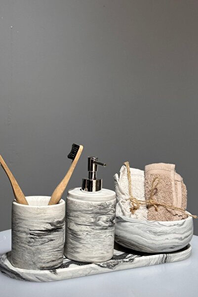 NIDAGE Set de baie din beton - Tavă pentru prosoape pentru periuță de dinți cu săpun lichid cu model de marmură 4 bucăți