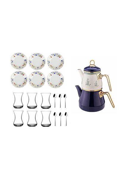 Paşabahçe Herbal 21 Piece Enamel Teapot and Lalenase Tea Cup Set