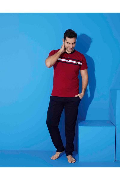 Tarık Set de pijamale de vară pentru bărbați, roșu Claret, albastru bleumarin, cu mâneci scurte, țesătură pieptănată, 100% bumbac