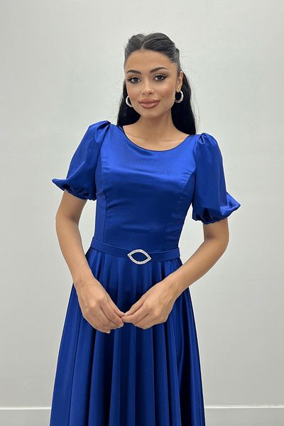giyimmasalı Satin Fabric Balloon Sleeve Midi Dress - SAX BLUE