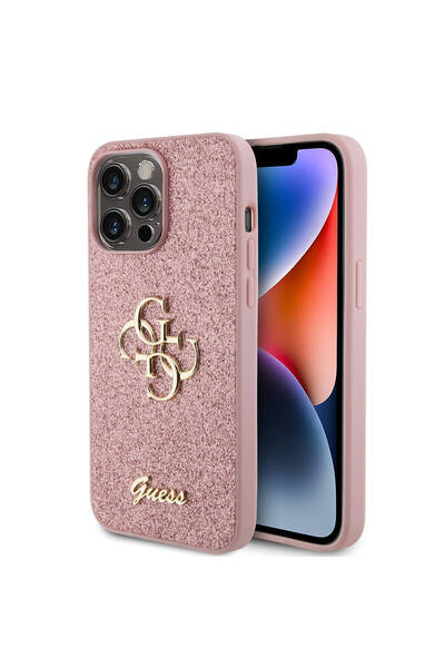 Guess iPhone 14 Pro Max Uyumlu Kılıf Guess  Lisanslı 4G Büyük Metal Logolu Glitter Kapak Pembe