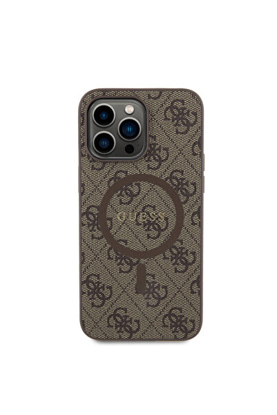 Guess حافظة متوافقة مع هاتف iPhone 14 Pro Max، غطاء Magsafe 4G بنص وشعار بني