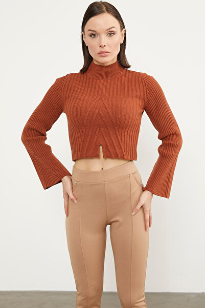 Sementa Yarım Balıkçı Crop Triko Kazak - Kiremit