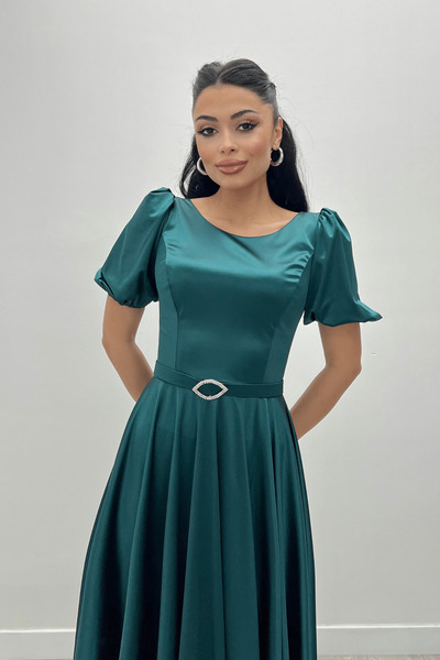 giyimmasalı Rochie midi cu mânecă cu balon din material satinat - VERDE EMERAL