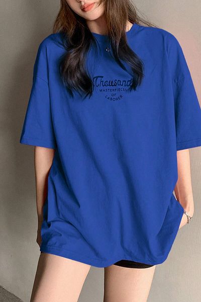 MODAGEN Tricou oversize unisex, albastru, cu decolteu triplu, imprimat cu mii de mii