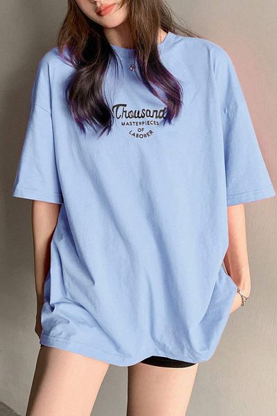 MODAGEN Tricou oversize unisex, albastru bebeluș, cu decolteu rotund cu o mie de imprimeuri