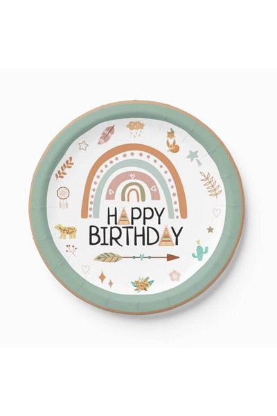 kidspartim Retro Happy Birthday Themed Cardboard Plate Cup 8 pcs