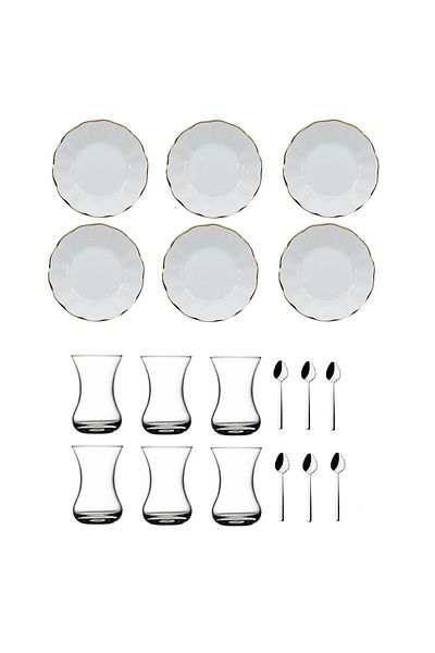 Paşabahçe 18 Piece White Gold Gilded Beginner Tea Cup Teaware Set