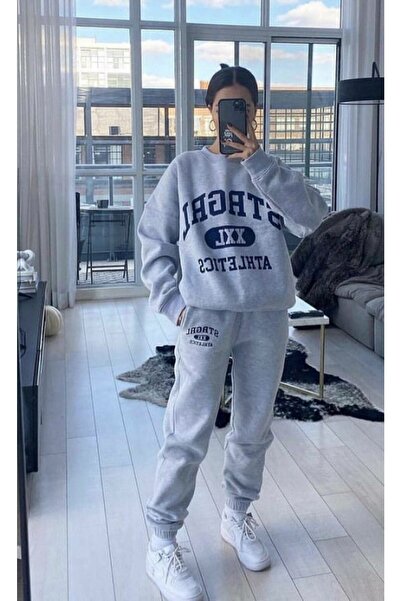 Genel Markalar Atlanta Baskılı Unisex Alt Üst Kombin Gri Eşofman Takımı