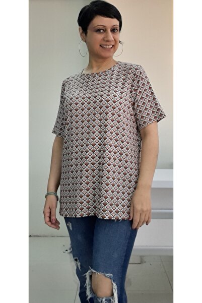 Mertcan Butik Μπλουζάκι από βαμβακερό βισκόζη με στάμπα καφέ με στρογγυλή λαιμόκοψη