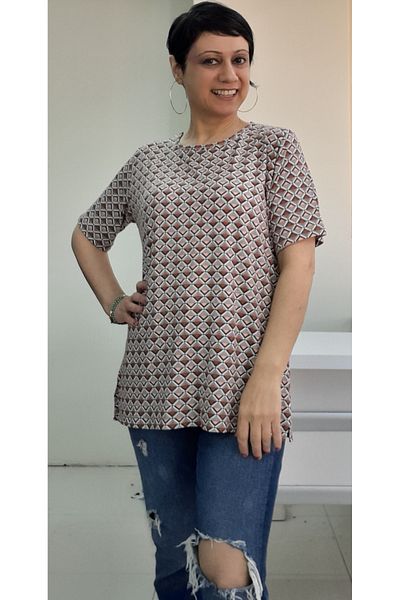 Mertcan Butik Coffee patterned round neck combed cotton Viscose T-shirt