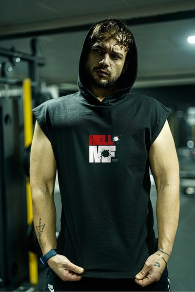 Oxlade قميص رياضي بدون أكمام GYM TOP TANK بقلنسوة 100% قطن HELLO MF Capshon®