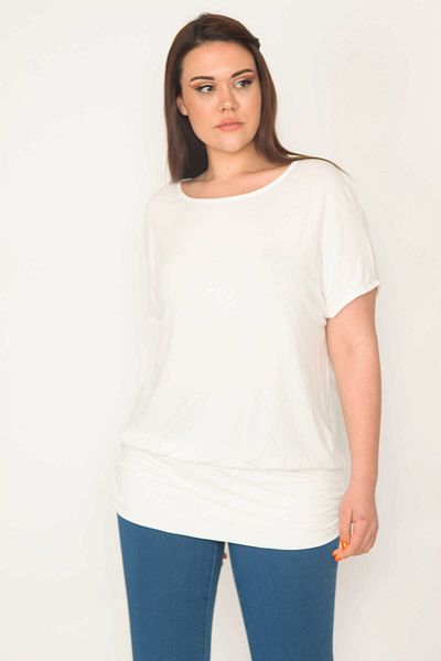 Şans Women's Large Size Bone Crew Neck Banded Hem Low Sleeve Tunic 65n32563