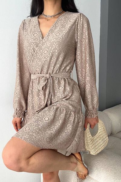 Neşeli Butik γυναικείο μπεζ μίνι φόρεμα με διπλό στήθος NBK2026