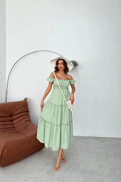MOZENA Green Linen Fabric Midi Length Elastic Dress
