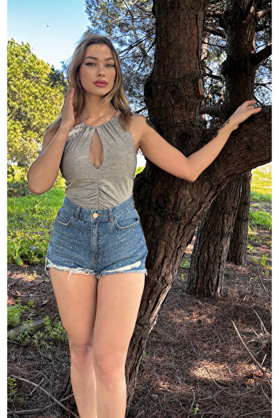 Maison La Femme Gri Cut Out Detaylı Büzgülü Bodysuit Mayo