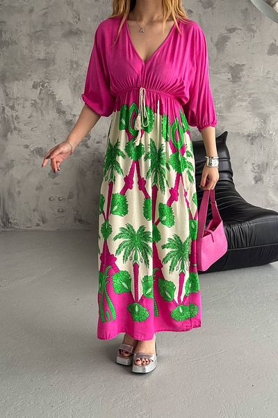 Neşeli Butik γυναικείο φόρεμα με εμπριμέ γιακά V υφαντό από βισκόζη NBK2092