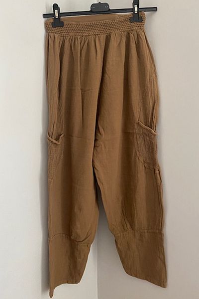 AYASOFYA OTANTIK Women's Brown Elastic Waist Side Mesh Pocket Linen Shalwar Trousers