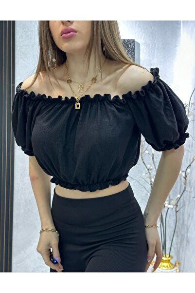 ModaWiser Kadın Beli Büzgülü Bürümcük Crop Düz Renk Siyah