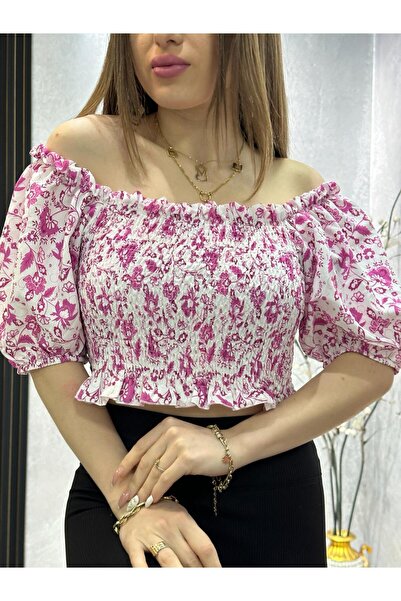 ModaWiser Kadın Gipeli Çiçek Desenli Crop Pembe