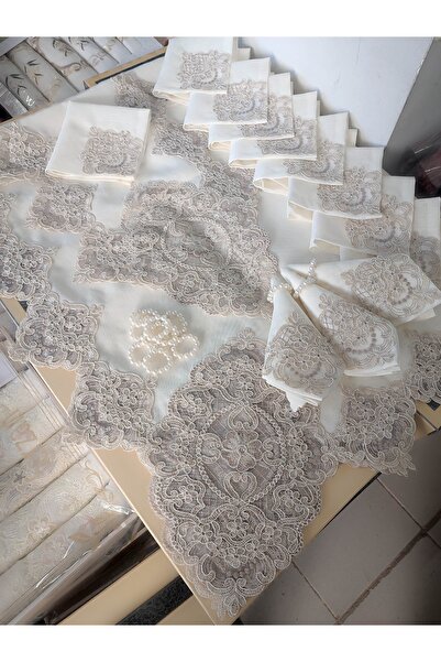 Çt Çeyizci Tekstil طقم مفرش طاولة طعام 26 قطعة لـ 12 شخصًا دانتيل فرنسي - إكرو