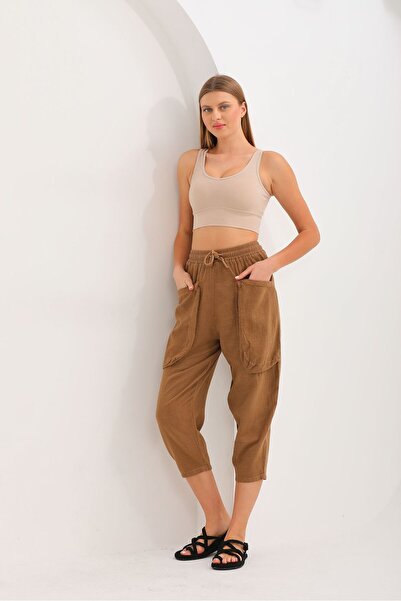 AYASOFYA OTANTIK Women's Brown Double Front Pocket Linen Shalwar Trousers