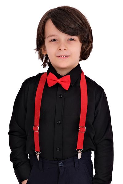 Merdia Boy's Long Sleeve BLACK Shirt Strap Bow Tie 3-Piece Set