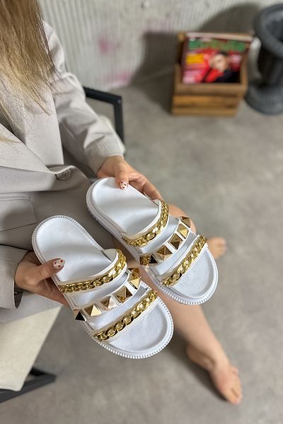 SHOEBELLAS Papuci de damă Fera albi cu trei dungi cu lanțuri