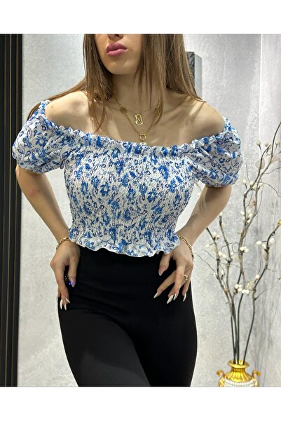 ModaWiser Kadın Gipeli Çiçek Desenli Crop Mavi