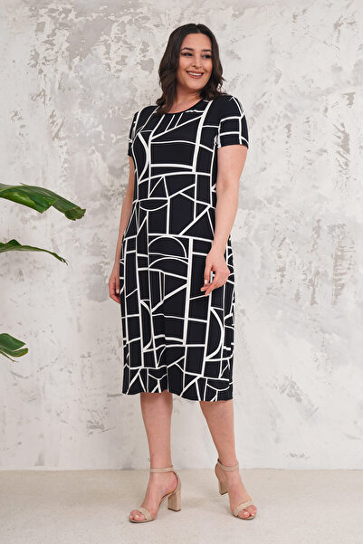 Neşeli Butik γυναικείο μαύρο φόρεμα βισκόζης μεγάλου μεγέθους με τσέπες NBA003