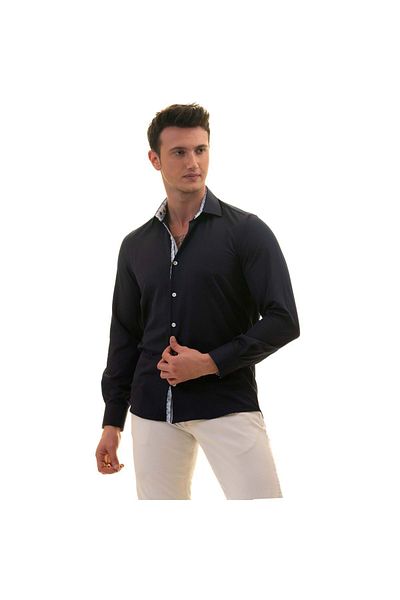 Exve Exclusive Μπλε Navy Oxford Slim Fit πουκάμισο με μοτίβο φύλλων σε γιακά και μανσέτες