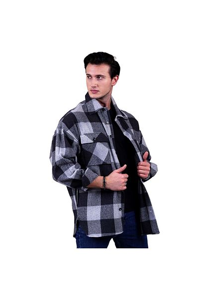 Exve Exclusive Cămașă de iarnă oversize, cu 4 buzunare, în carouri, negru, gri, în carouri