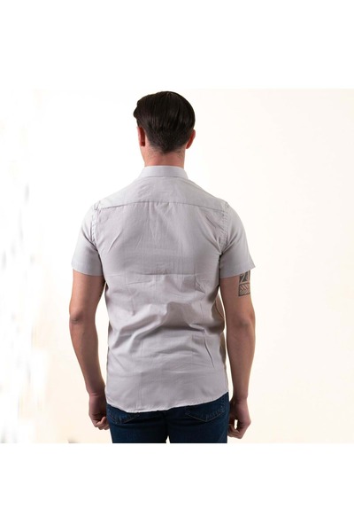 Exve Exclusive Gray Cotton Slim Fit Short Sleeve Summer Shirt with Floral Print Detail on the Collar and Chest Garni Patch