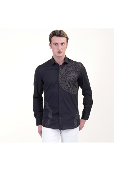 Exve Exclusive Smoked Lion & Waterway on Black Print Slim Ειδικού Σχεδιασμού Άνετο ανδρικό πουκάμισο με χαλαρή εφαρμογή