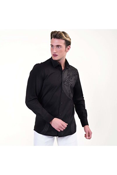 Exve Exclusive Smoked Lion & Waterway on Black Print Slim Ειδικού Σχεδιασμού Άνετο ανδρικό πουκάμισο με χαλαρή εφαρμογή