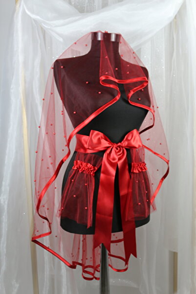 extrasepetim Kırmızı Biyeli İncili Gelin Duvak Kuşak Eldiven Tam Set Sade Şık...