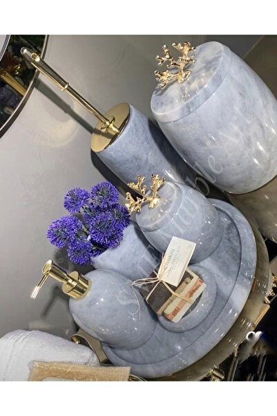 Genel Markalar Gri Dekoratif Gri Mermer Banyo Seti Takımı Gold Detaylı 7 Li T...