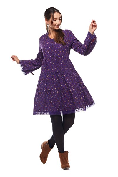 Newbutix Pazen Mor Çıtır Desen Kısa Kışlık Elbise