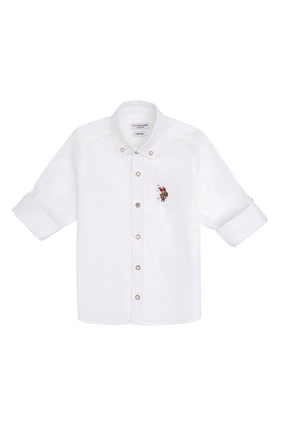 U.S. Polo Assn. US Polo Assn Cămașă albă cu mânecă lungă, guler cu nasturi, cu ajustare confortabilă, pentru băiat ENZOKIDS024Y