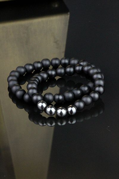 Zuk Collection Onyx and Hematite Stone Set of 2 Natural Stone Bracelet Gift Wooden Box