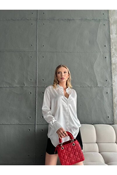 Kadın Beyaz Saten Şık Oversize Uzun Basic Saten Gömlek