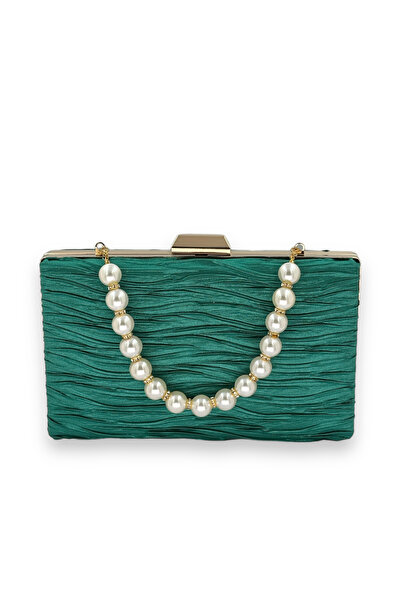 Biçanta Geantă elegantă din satin plisat, culoare verde, cu mâner decorat cu perlă, pentru nuntă, logodnă, invitație și absolvire.