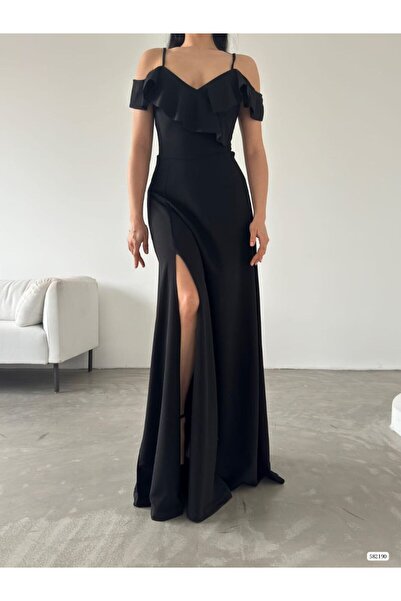 vuvutasarım YENİ SEZON SİYAH KREP KUMAŞ ASKILI VE YIRTMAÇLI UZUN ABİYE ELBİSE 582190 699