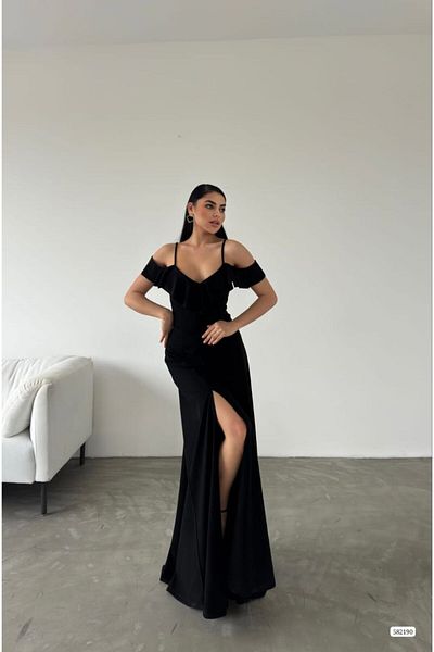 ModaLy Moda ΦΟΡΕΜΑ ΒΡΑΔΙΝΟ ΦΟΡΕΜΑ ΜΕ ΛΟΥΡΙ ΜΑΥΡΟ ΕΛΑΣΤΙΚΟ ΚΡΕΠ ΎΦΑΣΜΑ 582190 699