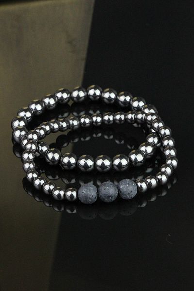 Zuk Collection Set of 2 Natural Stone Bracelet with Hematite and Lava Stone Gift Wooden Box