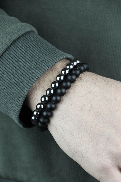 Zuk Collection Set of 2 Natural Stone Bracelets with Hematite and Onyx Stones Gift Wooden Box