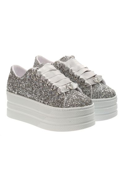 Ayakkabı Tutkusu Stilo ® Silver Sparkly Sneakers Flat Platform Height Stylish and Comfortable Women's Shoes
