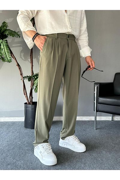 THEMANN Baggy Pleated Green Pipe Leg Trousers